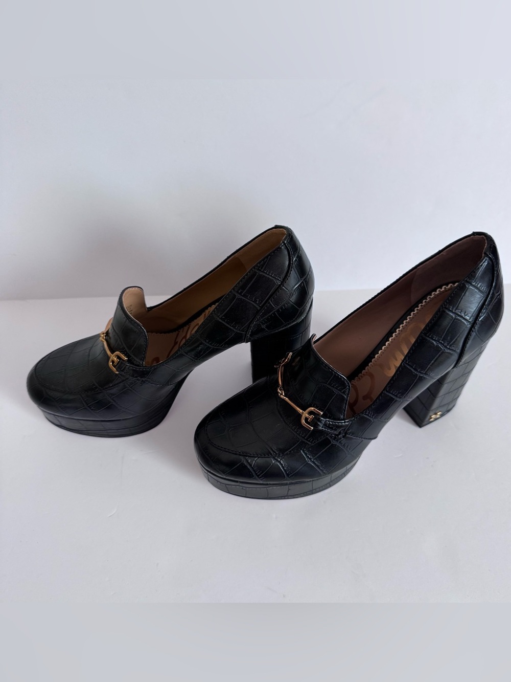 Sam Edelman Black Croc-Embossed Platform Pumps with Gold Hardware, size 6.5